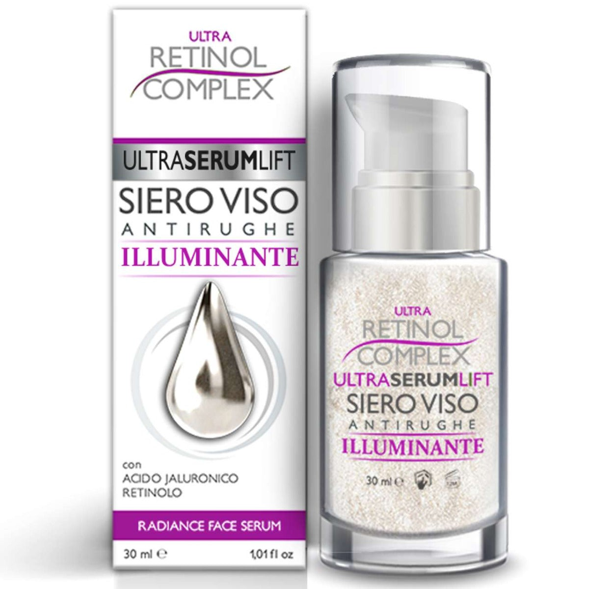 Siero viso antirughe illuminante con flacone e scatola, decorazioni a goccia e testo.