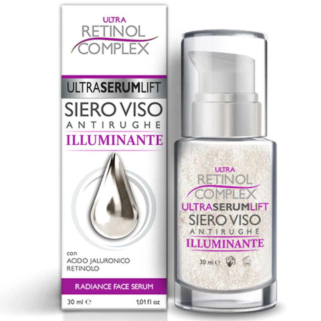 Siero viso antirughe illuminante: flacone e scatola con goccia e scritte viola.
