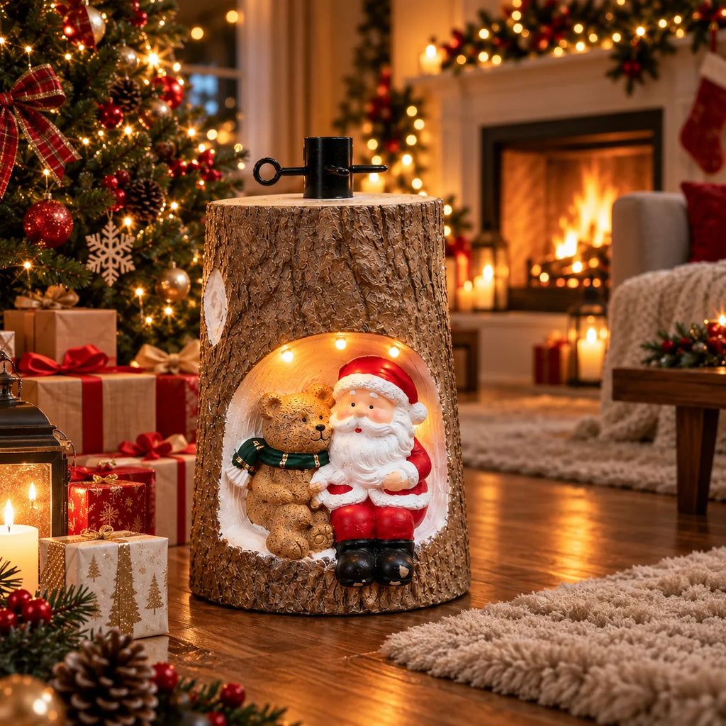 Decorazione natalizia luminosa: tronco effetto legno con Babbo Natale e orsetto