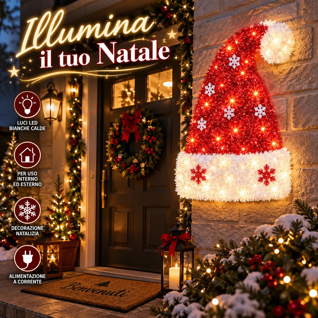 Cappello di Babbo Natale LED rosso e bianco con pompon e fiocchi di neve