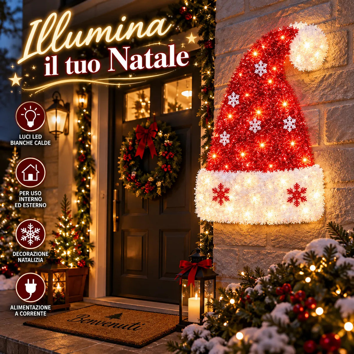 Cappello di Babbo Natale LED rosso e bianco con pompon e fiocchi di neve