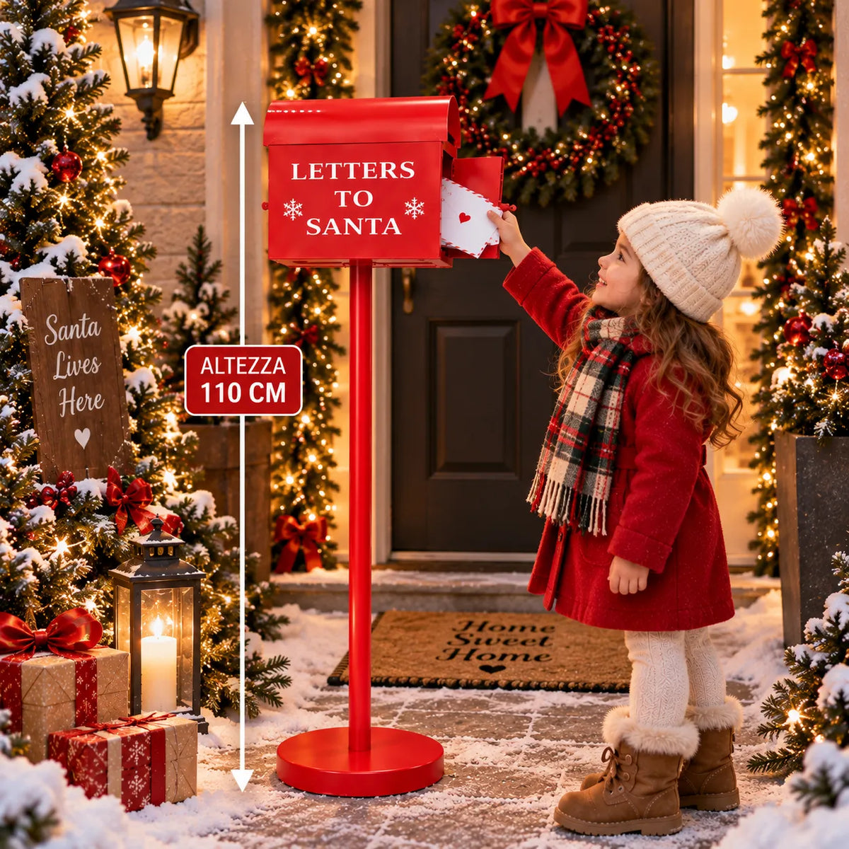 Cassetta postale rossa “LETTERS TO SANTA”, altezza 110 cm, su piedistallo rotondo