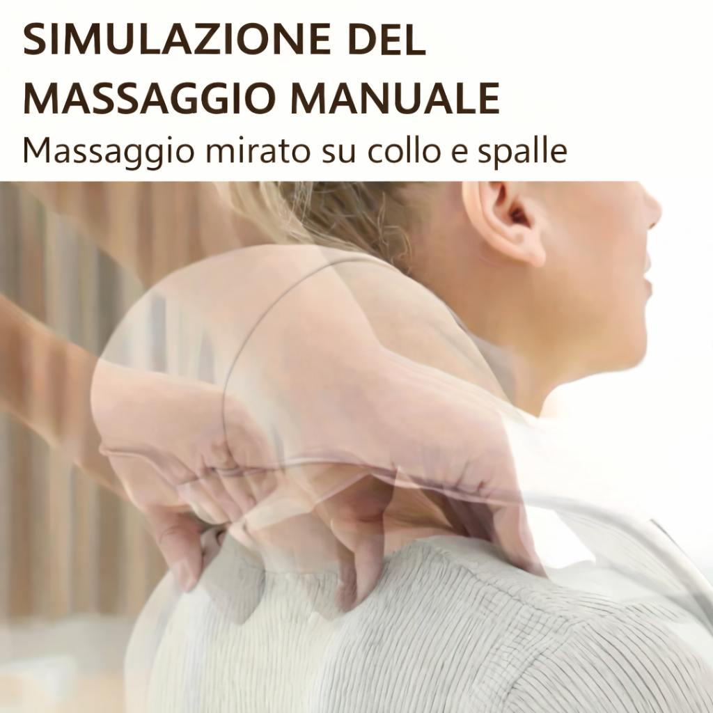 Massaggiatore elettrico per collo e spalle con fascia beige indossato sulle spalle