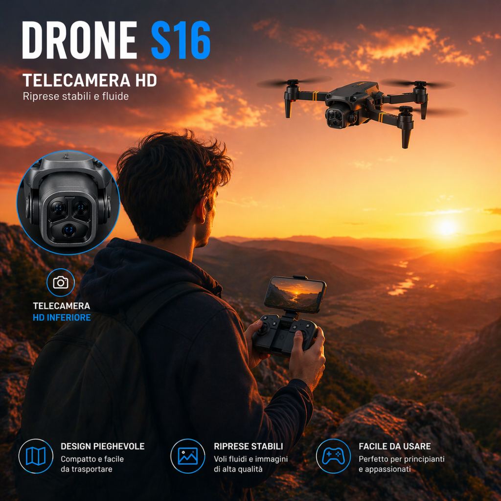 Mini drone pieghevole con telecamera HD in volo, radiocomando con display