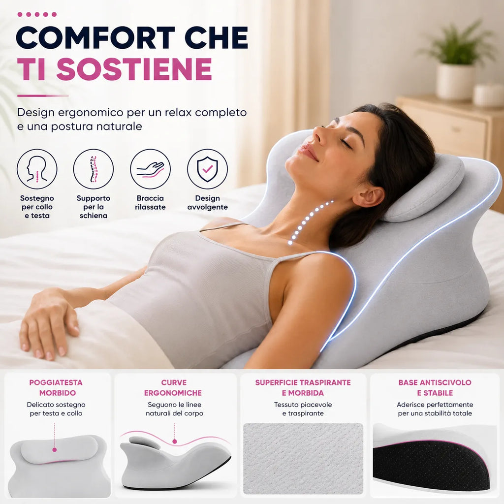 Cuscino ergonomico grigio su letto con poggiatesta per relax e postura