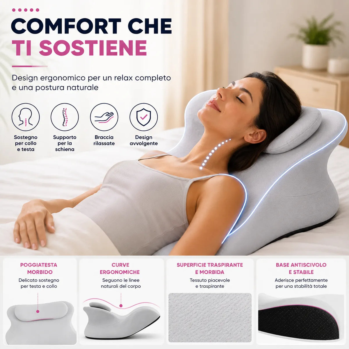 Cuscino ergonomico grigio su letto con poggiatesta per relax e postura