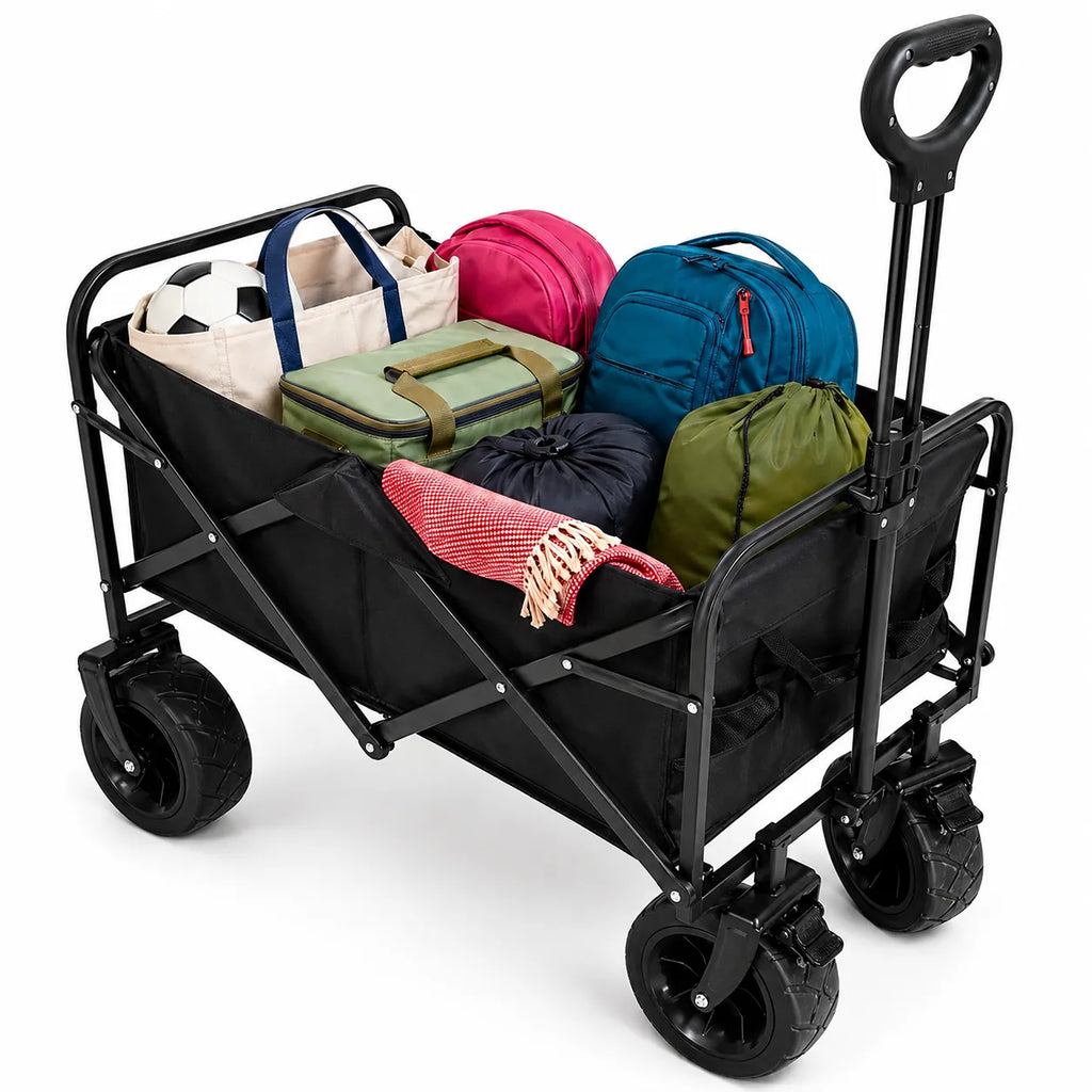 Carrello pieghevole nero con contenitore e 4 ruote, con borse e teli