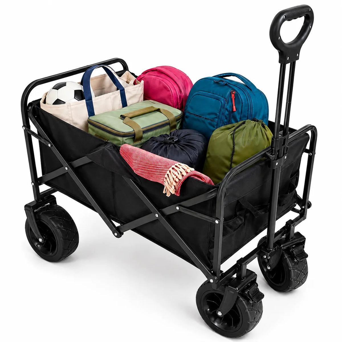 Carrello pieghevole nero con contenitore e 4 ruote, con borse e teli