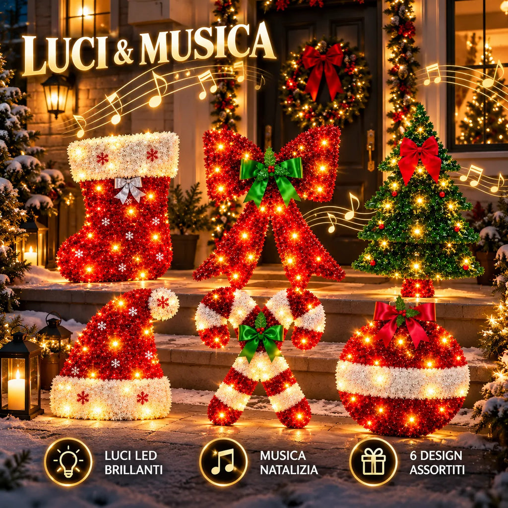 Set di 6 decorazioni natalizie luminose: calza rossa, fiocco, albero verde, cappello, bastoncini, pallina.