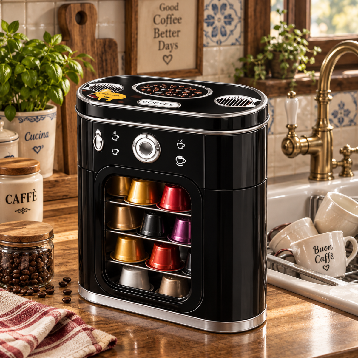Contenitore porta capsule caffè vintage nero con coperchio e capsule colorate