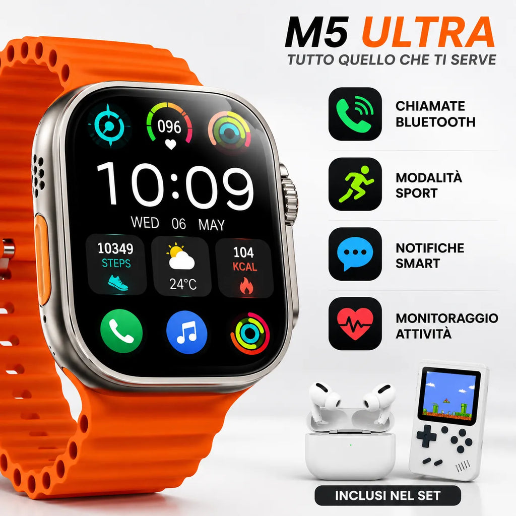 Smartwatch M5 Ultra con cinturino arancione e schermo nero, app di attività e notifiche