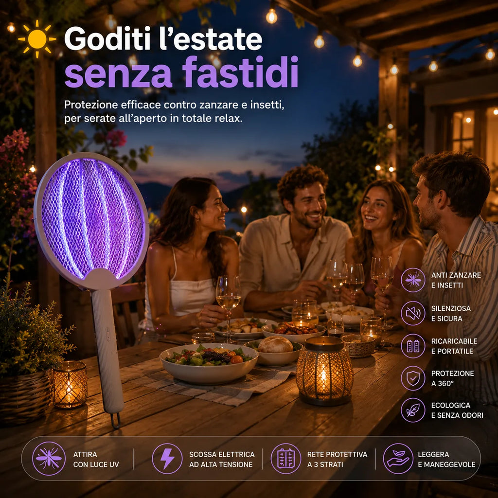 Racchetta Zanzare Elettrica 2 in 1 con Lampada UV Antizanzare Pieghevole USB Ricaricabile per Casa Campeggio Giardino