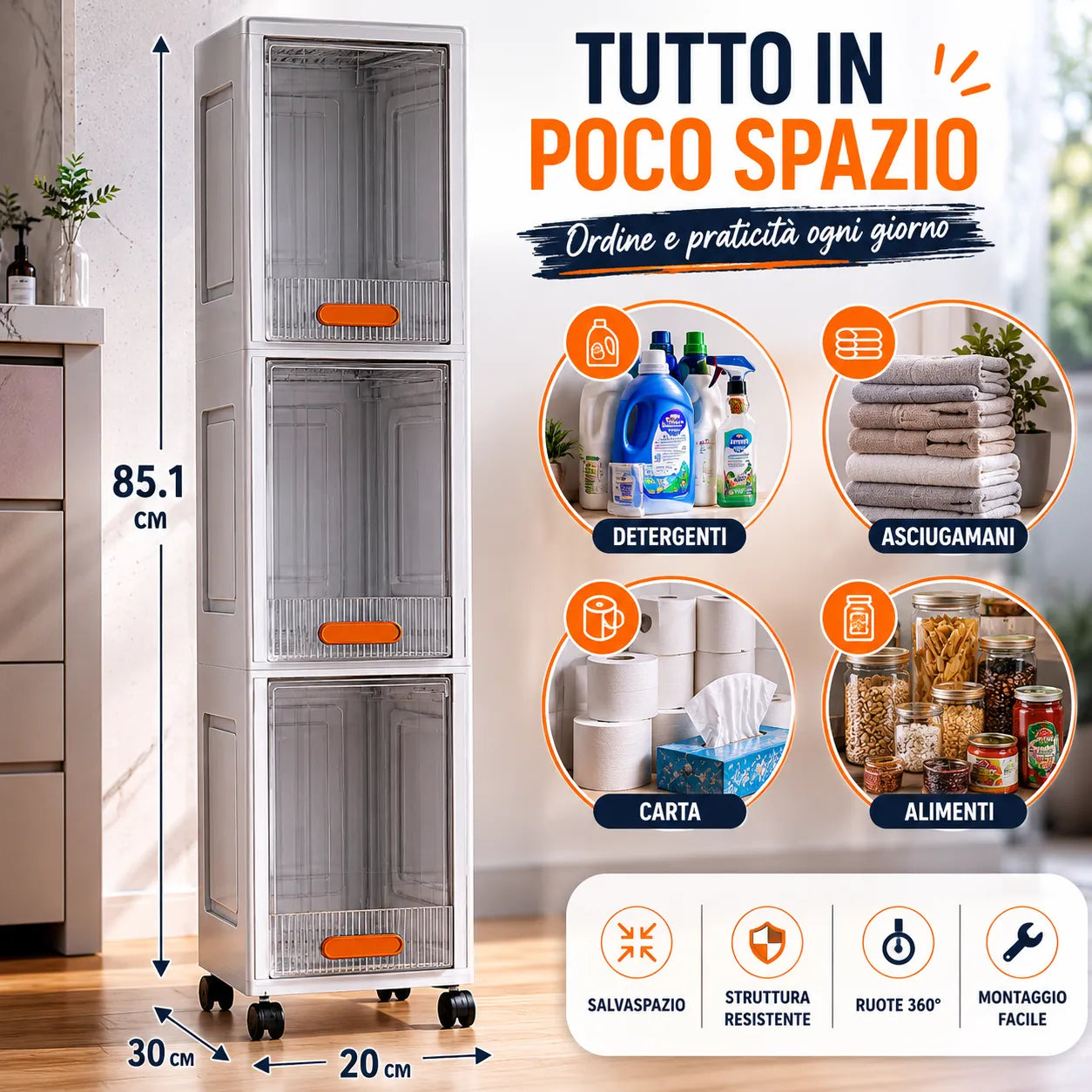 Armadio slim bianco con 3 ripiani e ruote 360°, sportelli frontali e maniglie arancioni