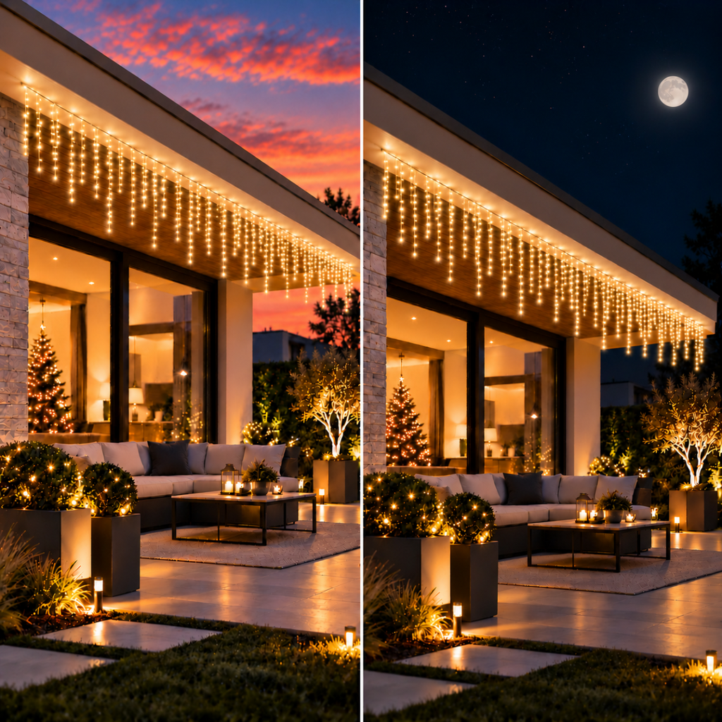 Tenda luminosa natalizia 150 LED bianco caldo, fili a pioggia su portico, sera e notte