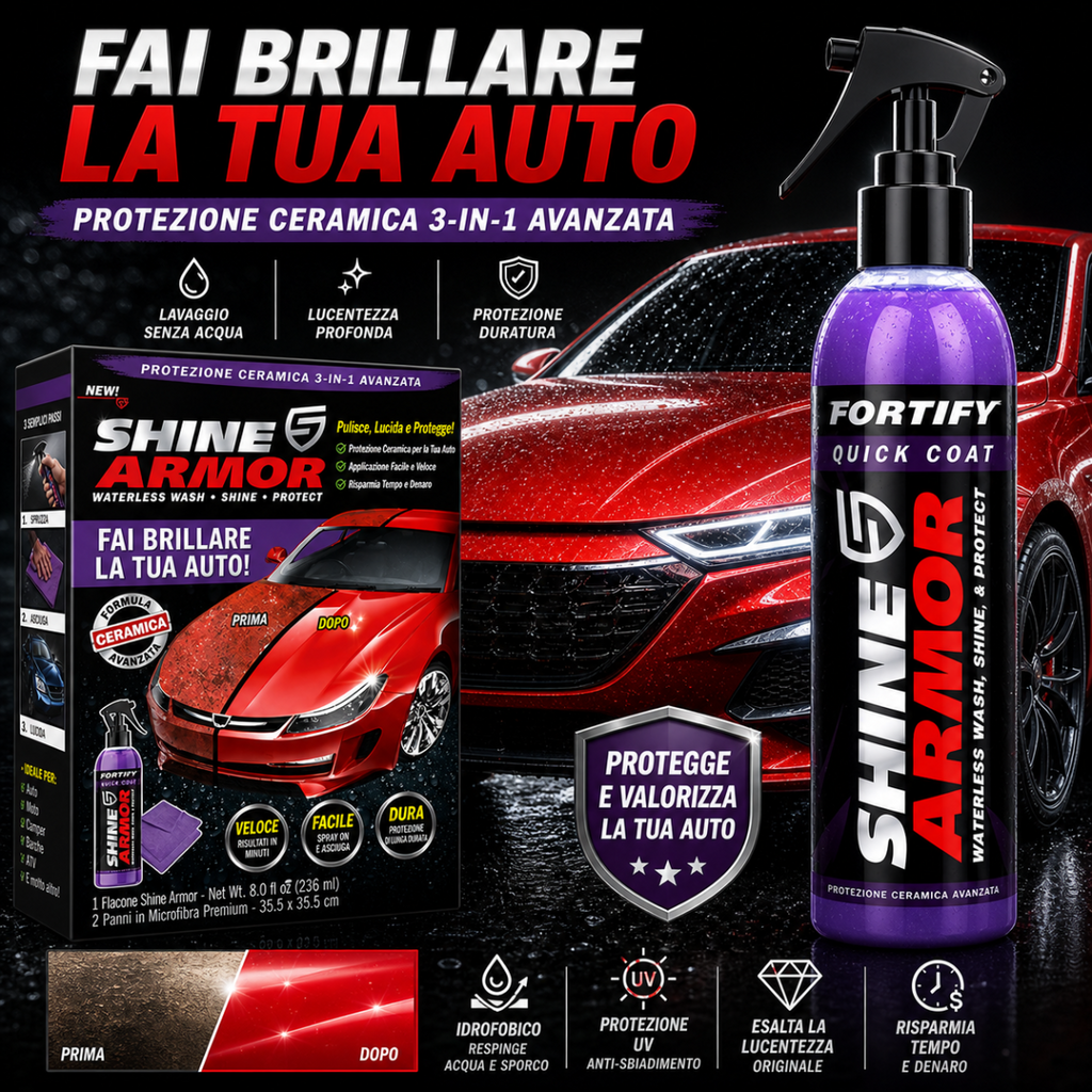 Spray lucidante auto Shine Armor Fortify Quick Coat, flacone viola e confezione.