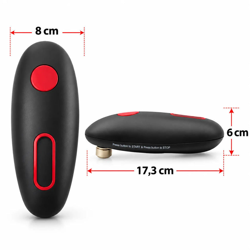 Apriscatole elettrico nero con pulsante rosso, dimensioni 17,3 cm e 6 cm.