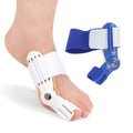 Tutore per alluce valgo con supporto blu e cinturino bianco sul piede