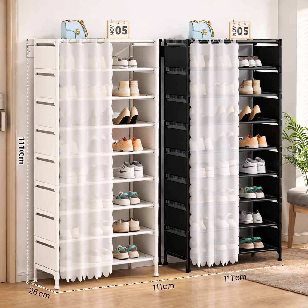 Scarpiera a 7 ripiani bianca con tenda copripolvere, vani porta scarpe