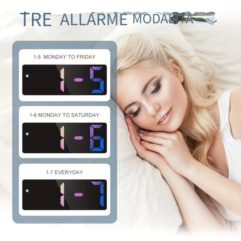 Sveglia digitale da comodino nera con grande display LED multicolore frontale