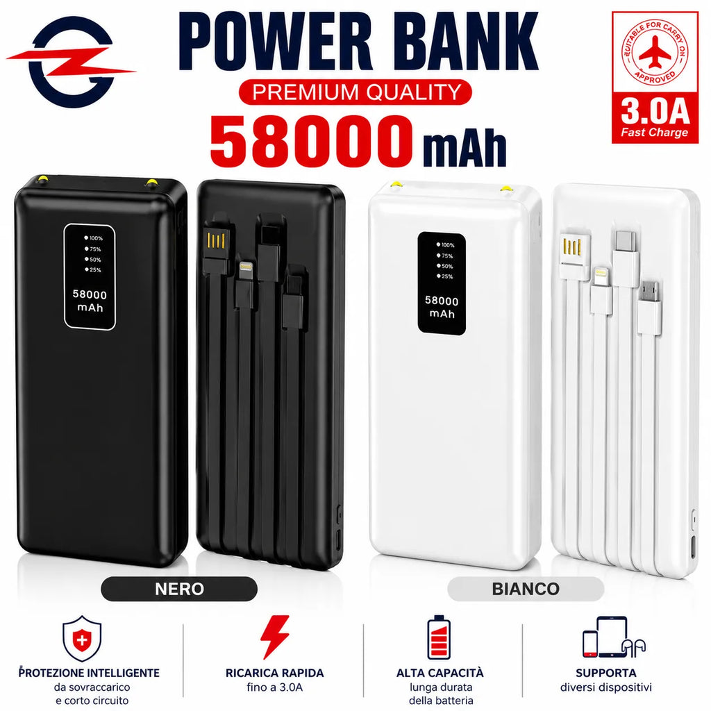 Power bank nero 58000 mAh con display LED e cavi integrati, corpo compatto