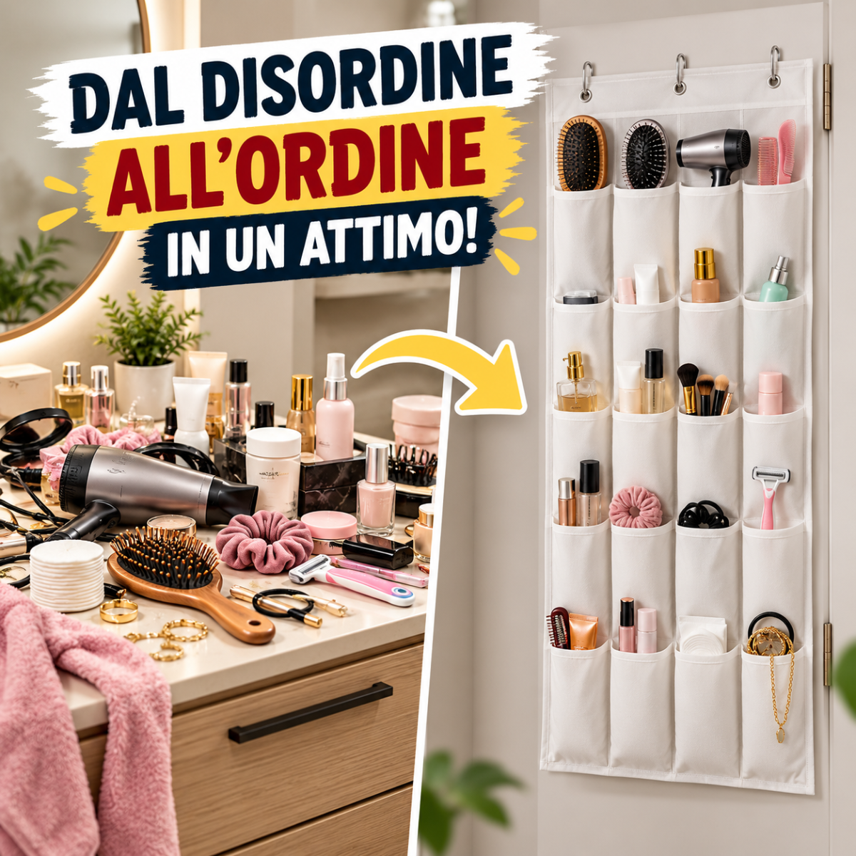 Organizer da parete con tasche bianche per porta, con accessori bagno e beauty
