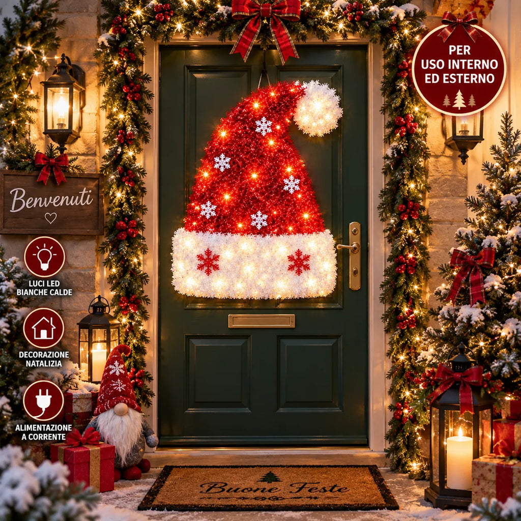 Cappello di Babbo Natale LED rosso con bordo bianco soffice e fiocchi di neve
