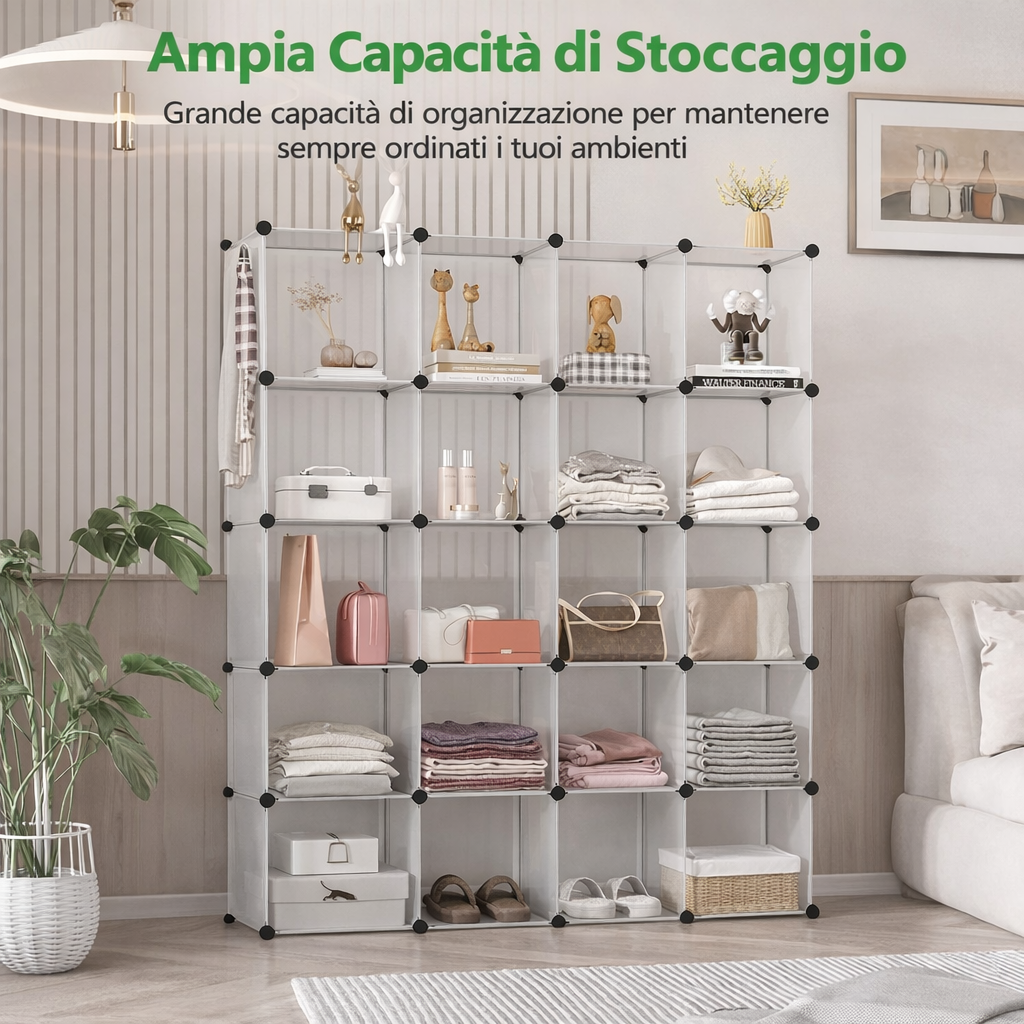 Libreria Modulare Trasparente 20 Cubi – Scaffale Componibile con Connettori Rinforzati – Mobile Multiuso per Studio, Soggiorno, Ufficio