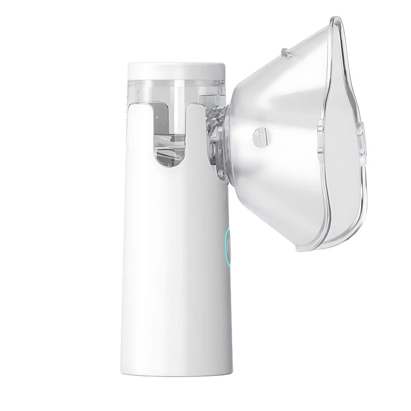 Nebulizzatore ultrasuoni bianco con maschera trasparente e unità compatta.