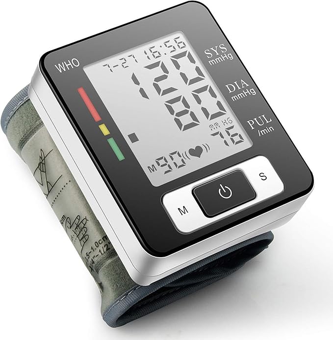 Misuratore pressione da polso con display, tasti frontali e cinturino grigio