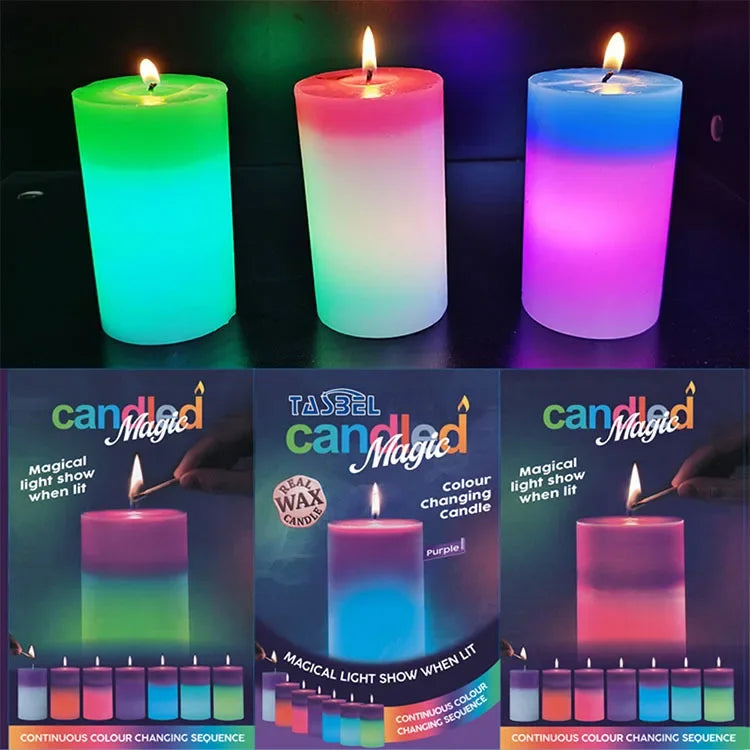 Set di 3 candele cilindriche con bagliore verde, rosa e blu, fiamme accese