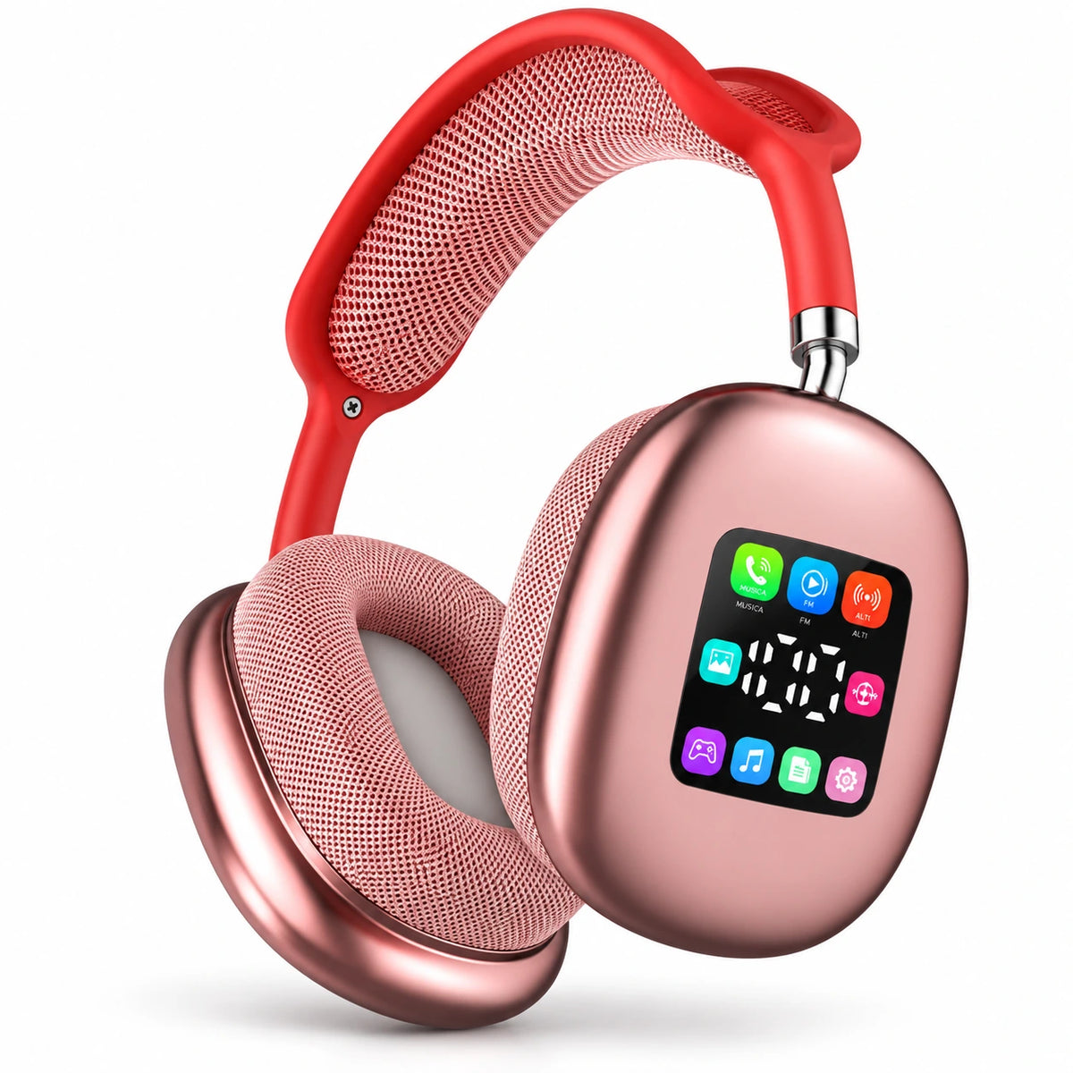 Cuffie wireless over-ear rosse con display LED e pad in tessuto
