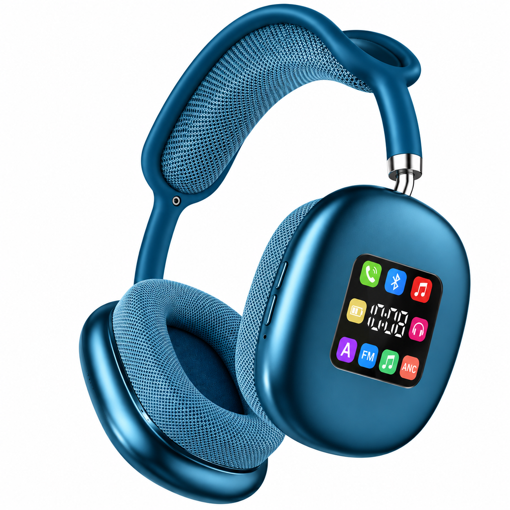 Cuffie over-ear wireless blu con display LED e pad auricolari in tessuto