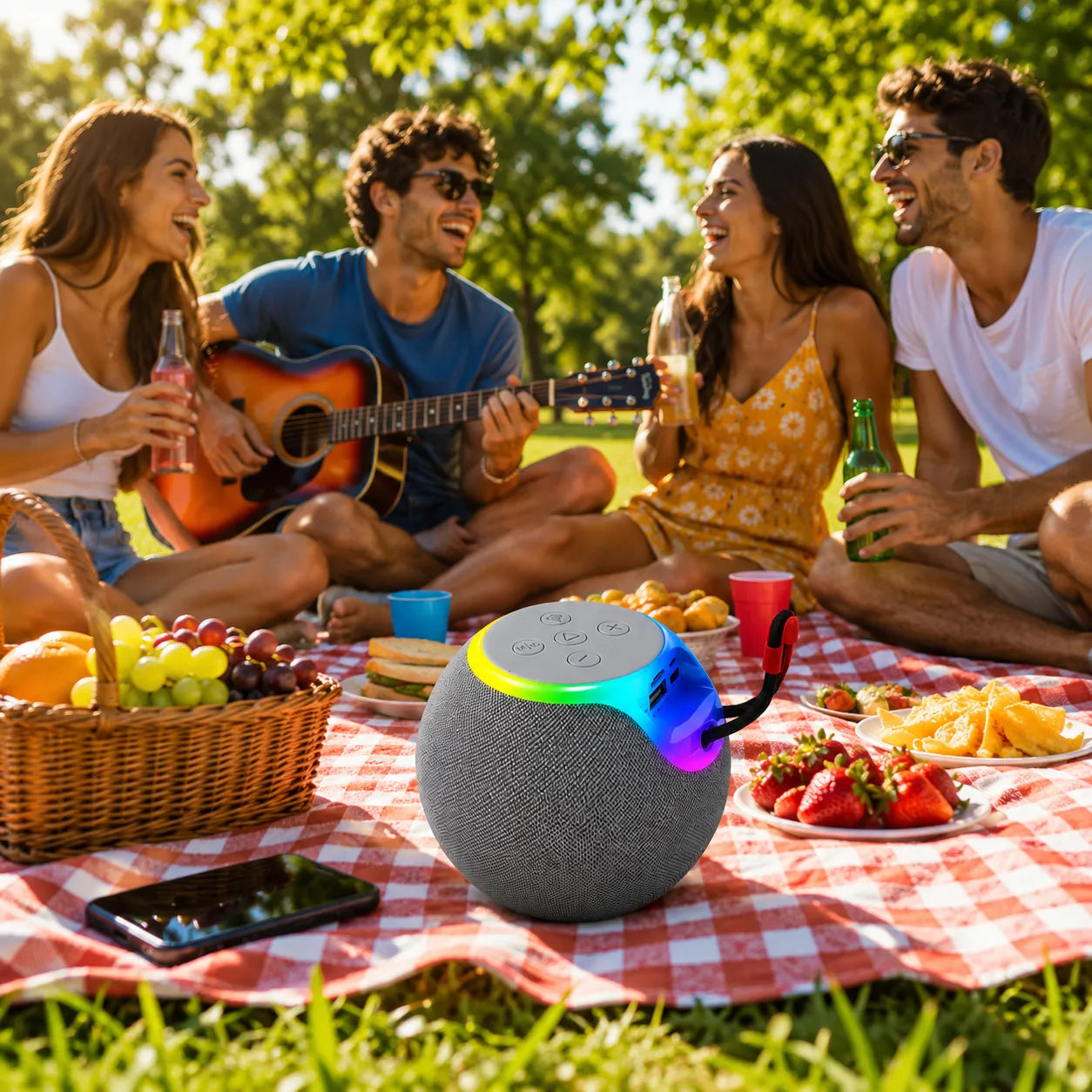 Cassa Bluetooth portatile grigia vista di tre quarti con luci RGB multicolore e cavo rosso