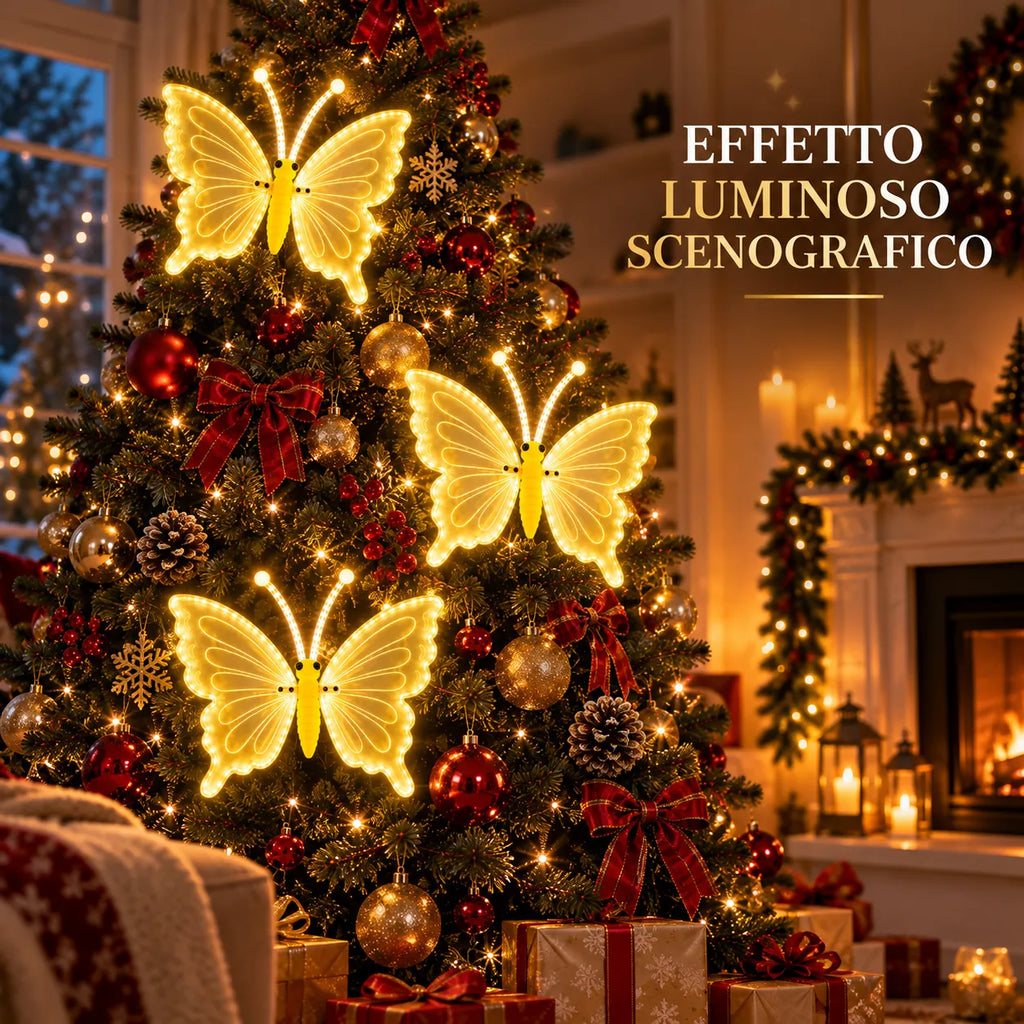 Farfalle LED decorative su albero di Natale, luci bianco caldo a forma di farfalla