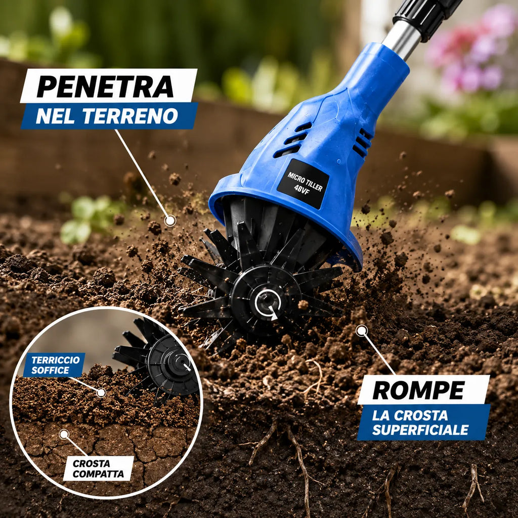 Micro coltivatore cordless con testina rotante, taglia il terreno e rompe la crosta