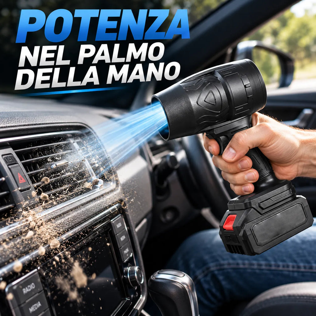 Soffiatore cordless nero con getto d’aria in auto, vicino a cruscotto e sedile