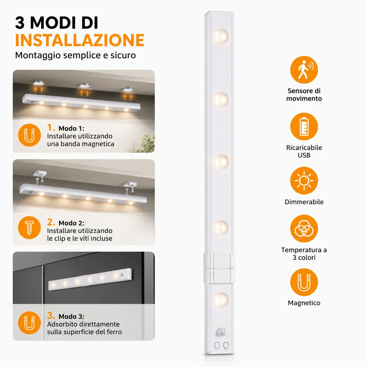 Luce LED Sottopensile 60 cm Ricaricabile con Sensore di Movimento