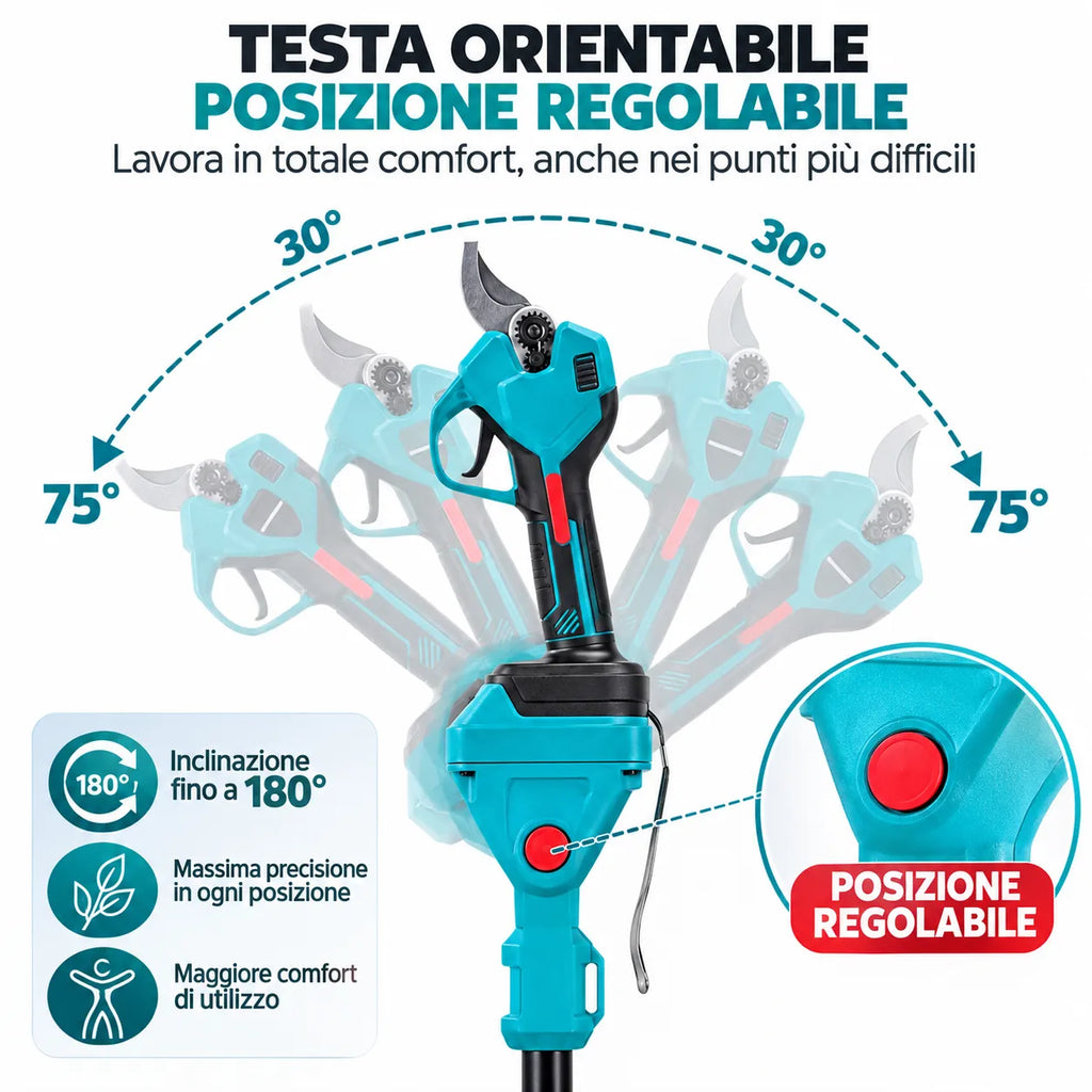 Kit Potatura a Batteria 3 in 1 con Asta Telescopica – Forbice Elettrica + Mini Motosega 6" + 2 Batterie e accessori