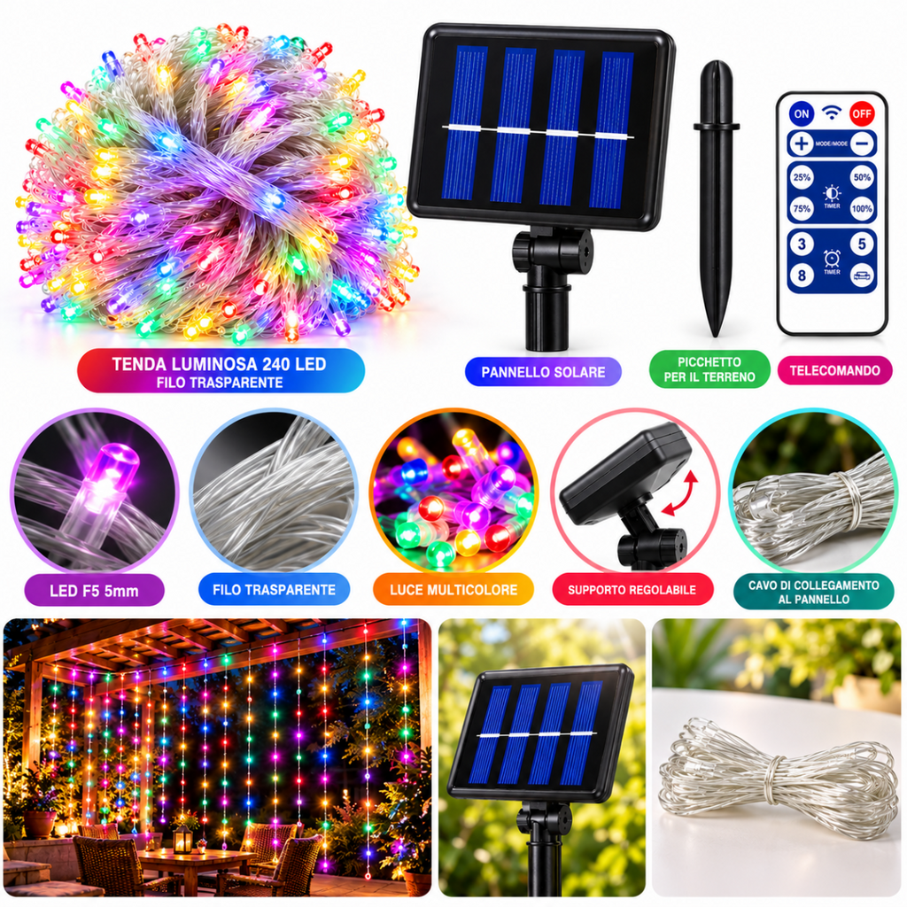 Set luci a tenda LED multicolore con pannello solare, picchetto e telecomando