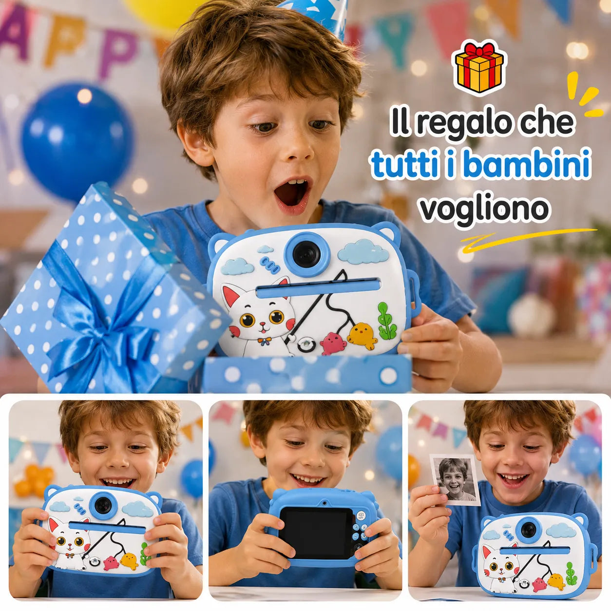 Mini fotocamera educativa blu con stampa istantanea, grafica gatto e muso di animale