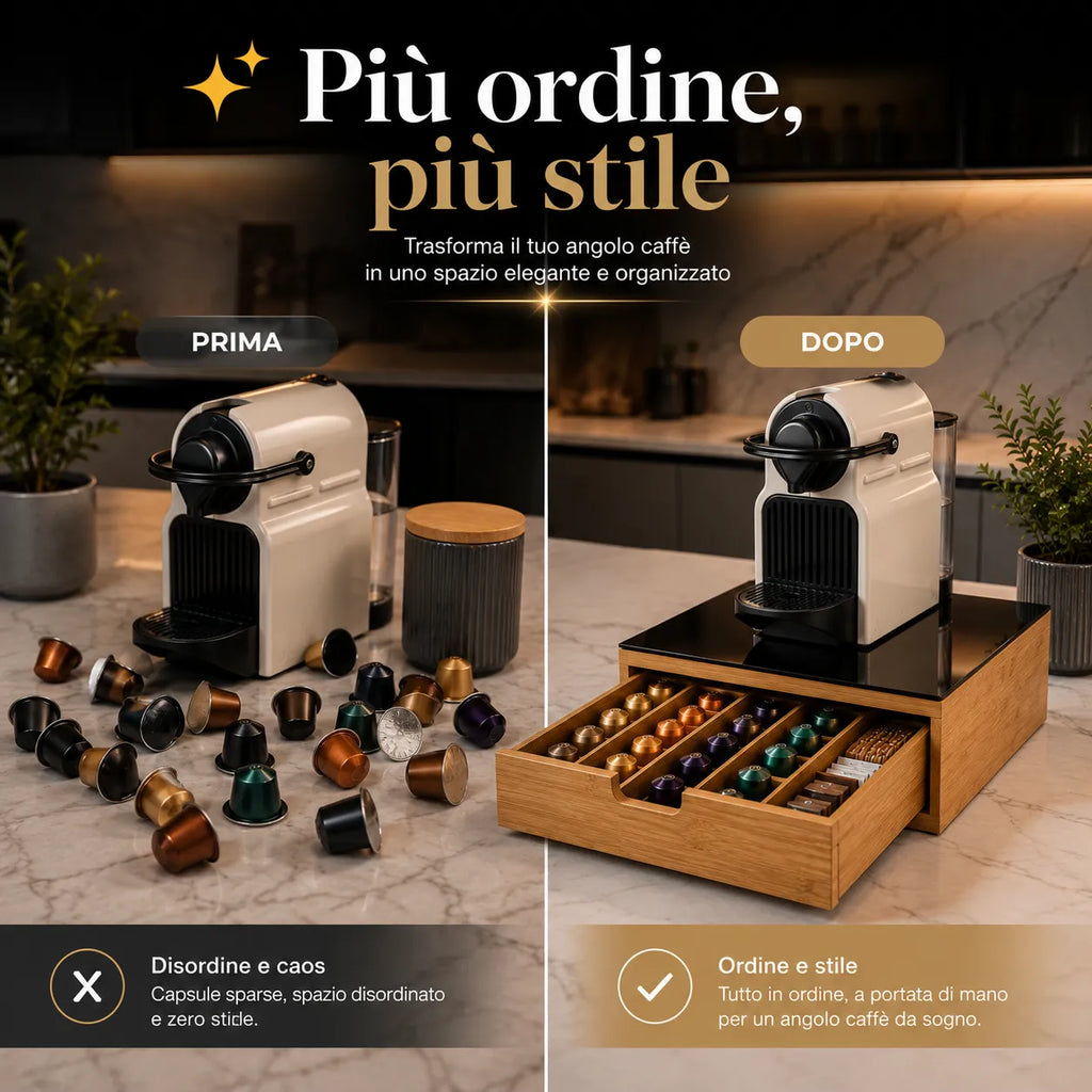 Cassetto portacapsule in bambù con piano in vetro, macchina caffè bianca con cassetto aperto
