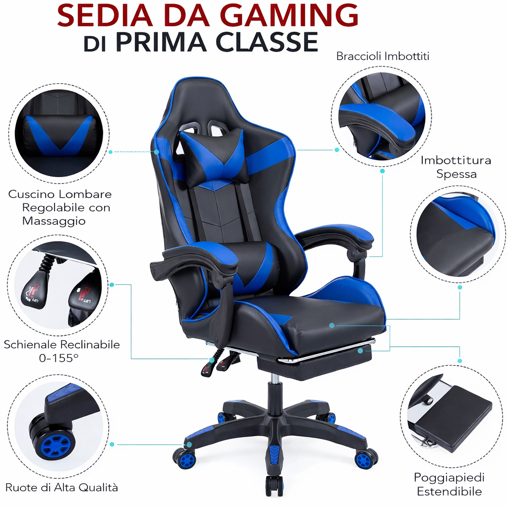 Poltrona gaming blu scuro reclinabile con poggiapiedi, cuscino lombare e cervicale