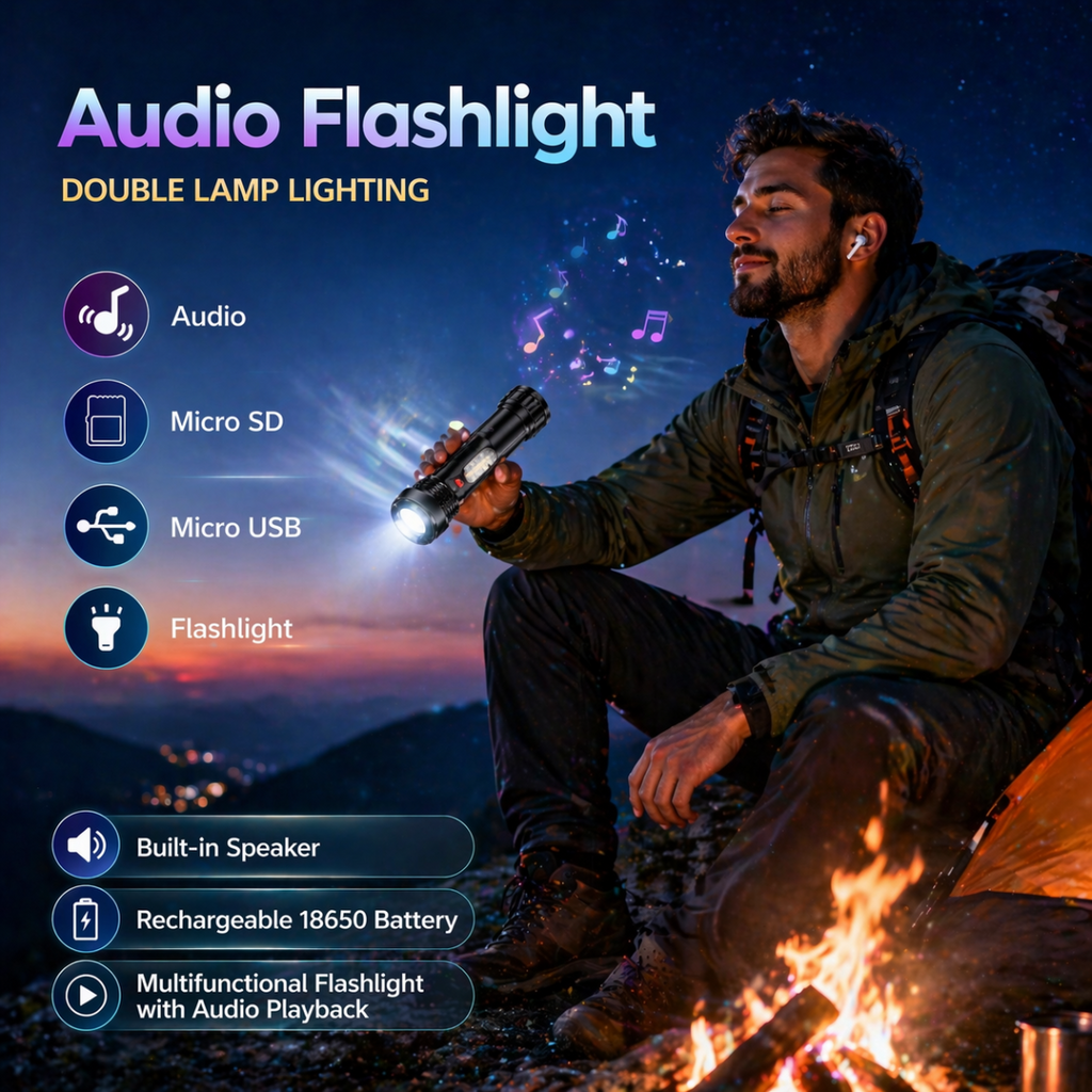 Torcia LED Ricaricabile con Speaker Bluetooth Integrato – Luce Potente + Musica | Micro SD | USB | Multifunzione Outdoor