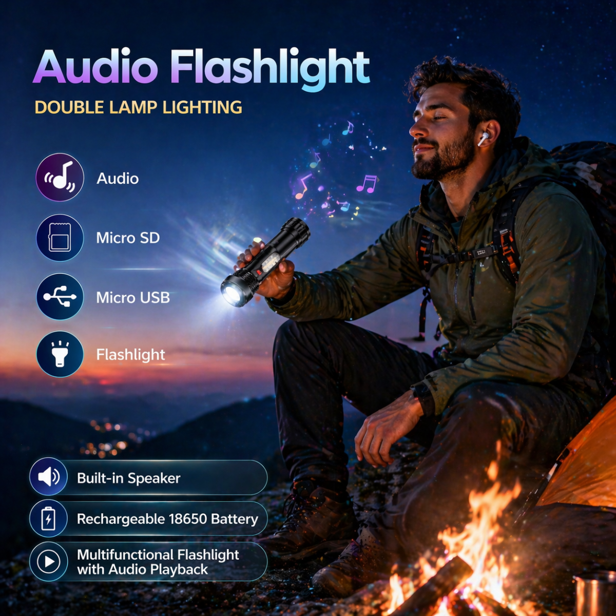 Torcia LED Ricaricabile con Speaker Bluetooth Integrato – Luce Potente + Musica | Micro SD | USB | Multifunzione Outdoor