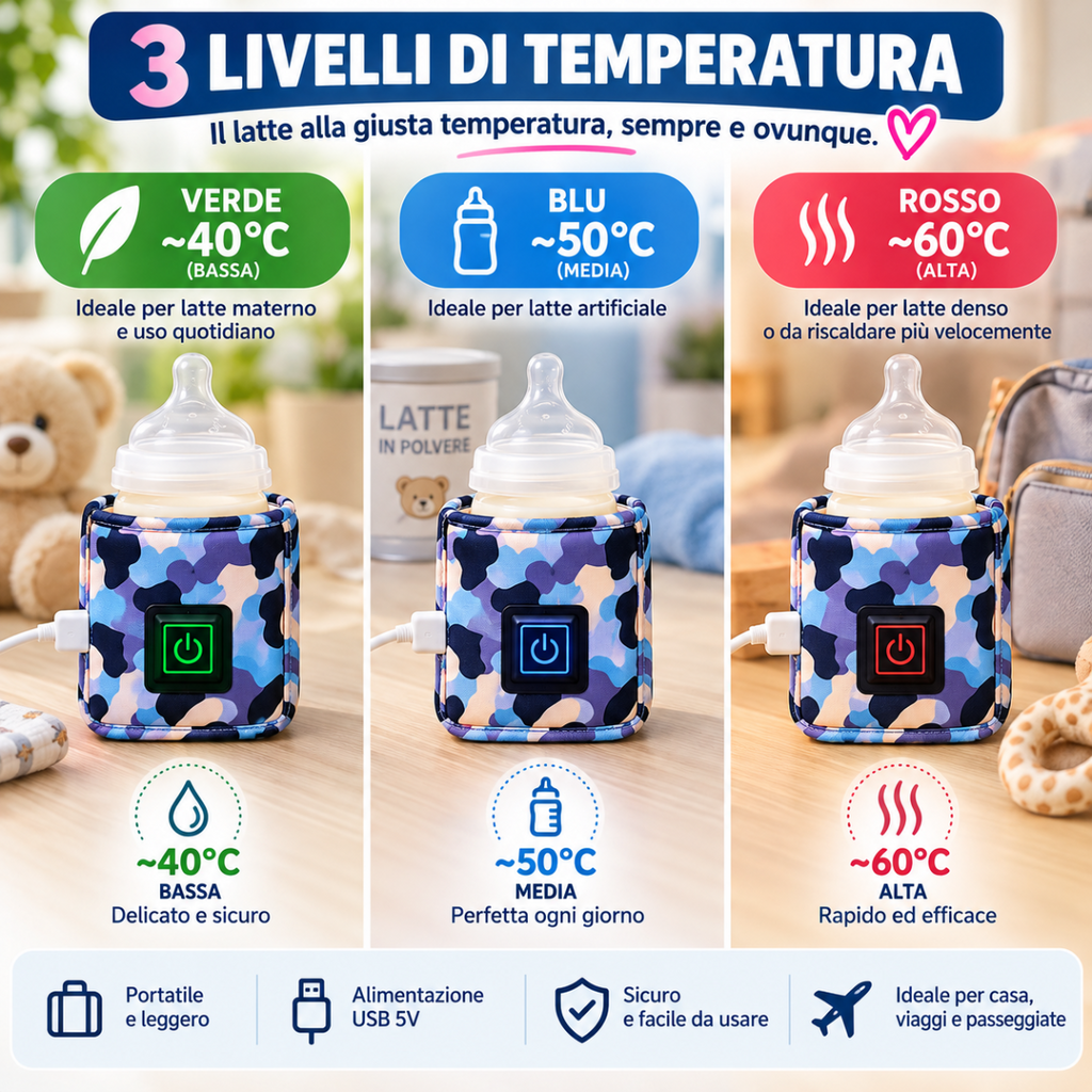 Borsa termica scaldabiberon USB mimetica blu con 3 livelli di temperatura