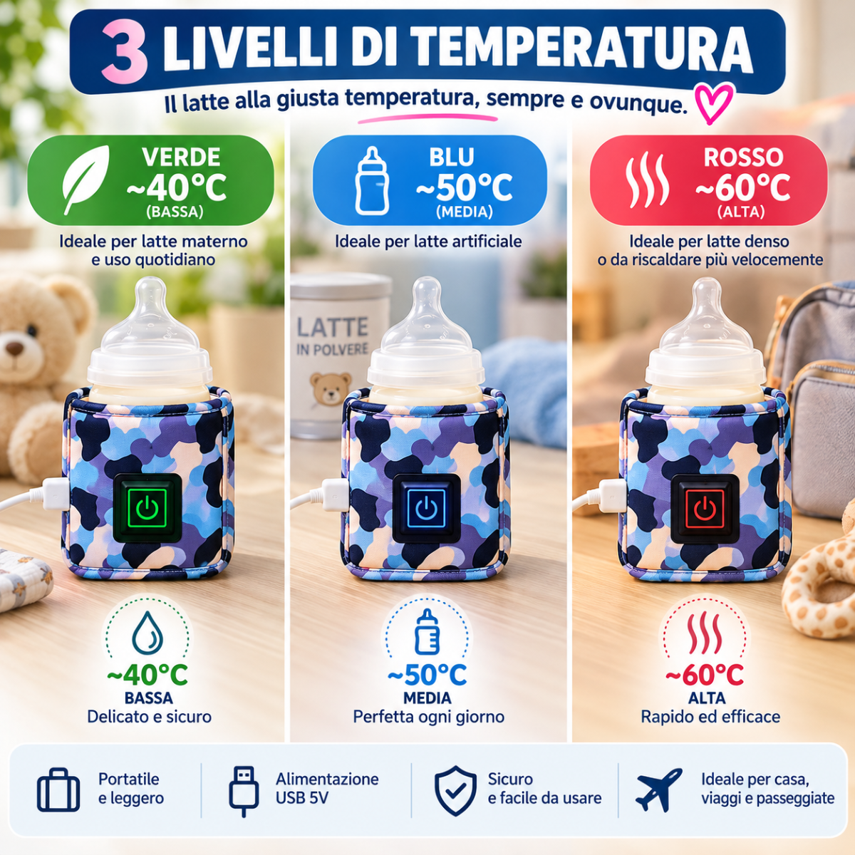 Borsa termica scaldabiberon USB mimetica blu con 3 livelli di temperatura