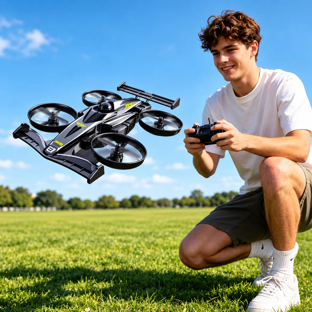 Quadricottero RC nero e grigio con 4 eliche e telaio con protezioni