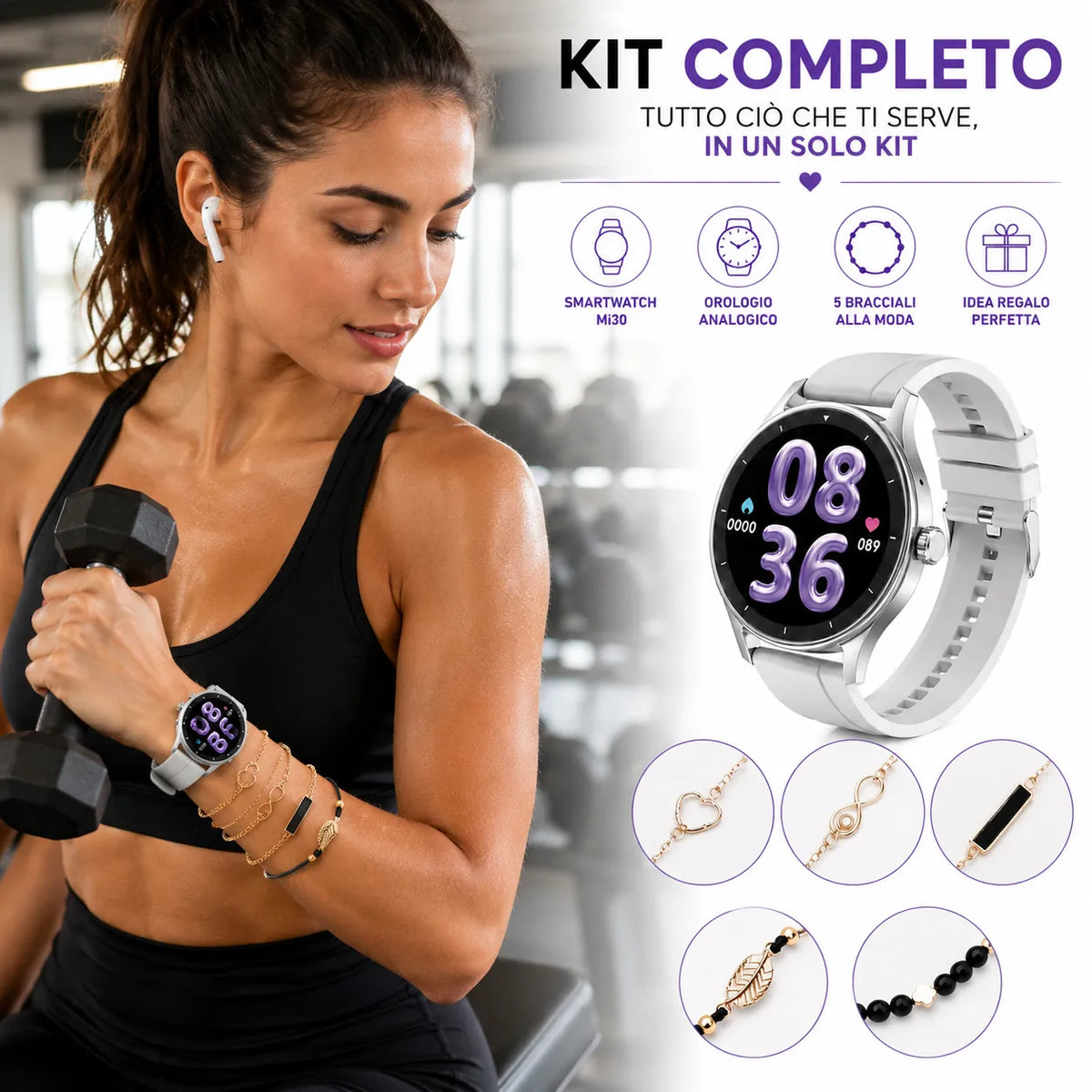Kit smartwatch AMOLED Beauty Miss Mi30 con cinturino grigio e bracciali, display viola