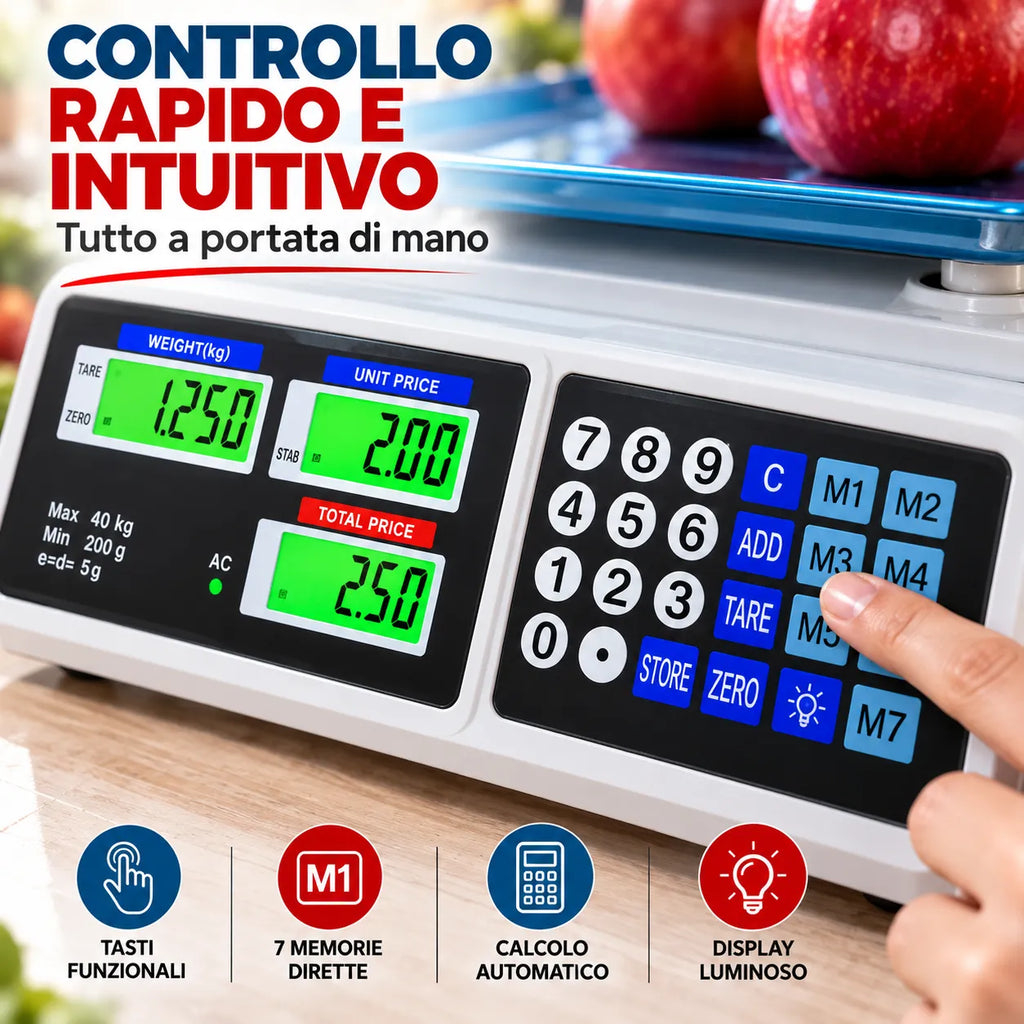 Bilancia digitale con schermo verde e tastiera per prezzi, tara e zero