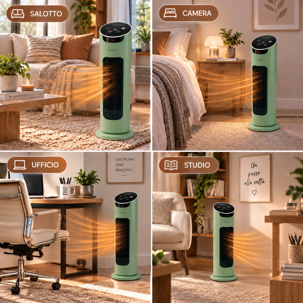 Stufa elettrica verticale verde con pannello nero e griglia riscaldante, in più stanze.
